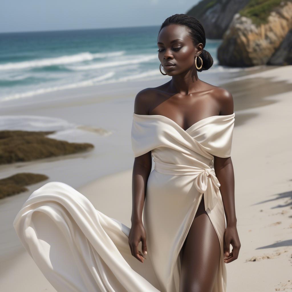 A stunning image of ivory coast muse in a silky off-shoulder wrap exuding gentle coastal romance.