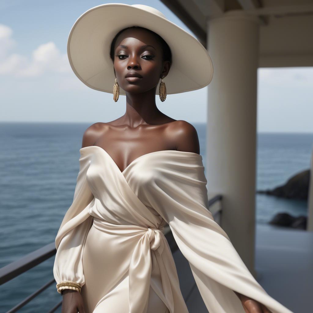 A stunning image of ivory coast muse in a silky off-shoulder wrap exuding gentle coastal romance.