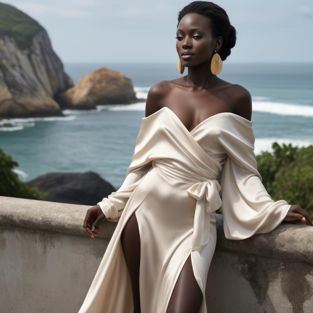 A stunning image of ivory coast muse in a silky off-shoulder wrap exuding gentle coastal romance.