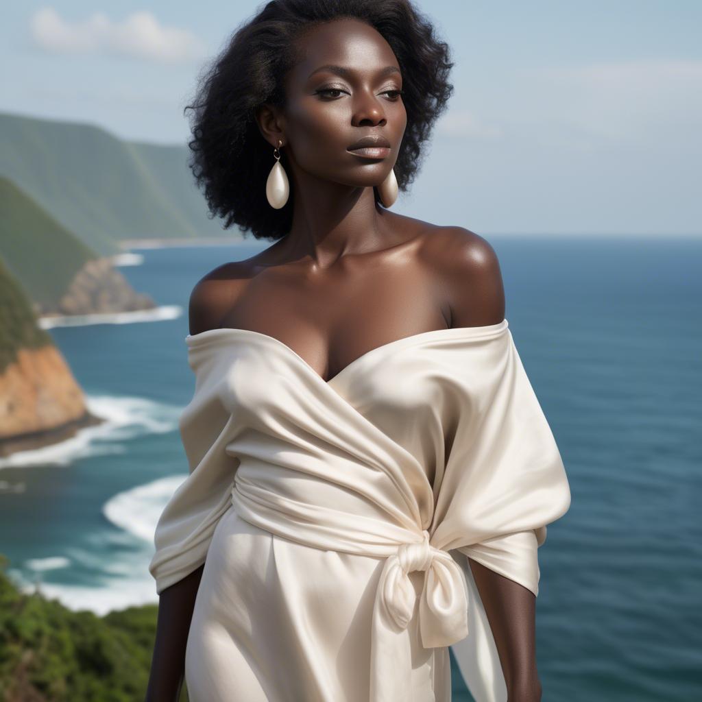 A stunning image of ivory coast muse in a silky off-shoulder wrap exuding gentle coastal romance.