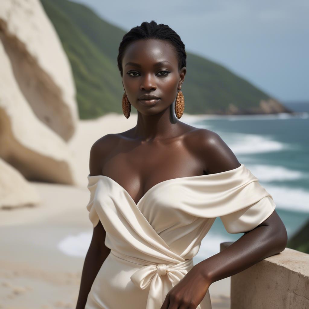 A stunning image of ivory coast muse in a silky off-shoulder wrap exuding gentle coastal romance.