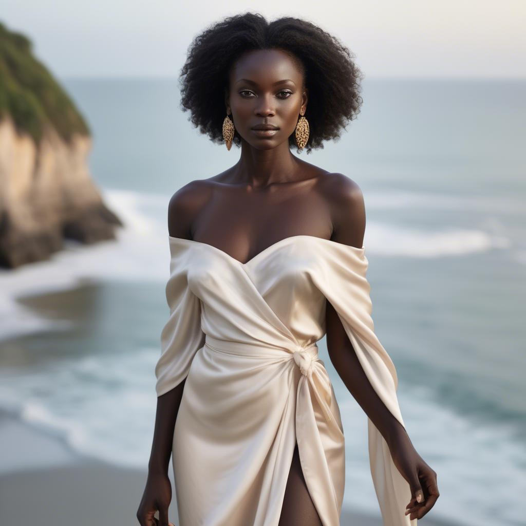 A stunning image of ivory coast muse in a silky off-shoulder wrap exuding gentle coastal romance.