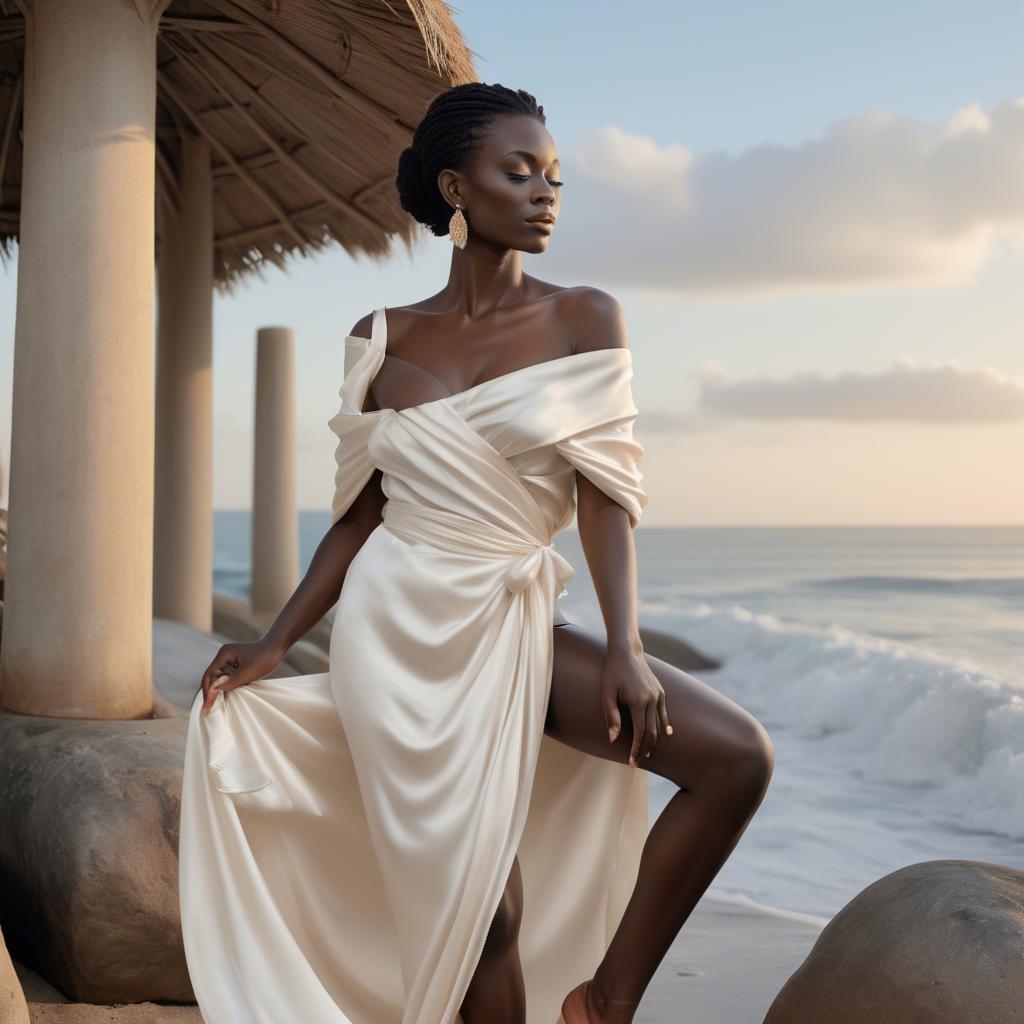 A stunning image of ivory coast muse in a silky off-shoulder wrap exuding gentle coastal romance.
