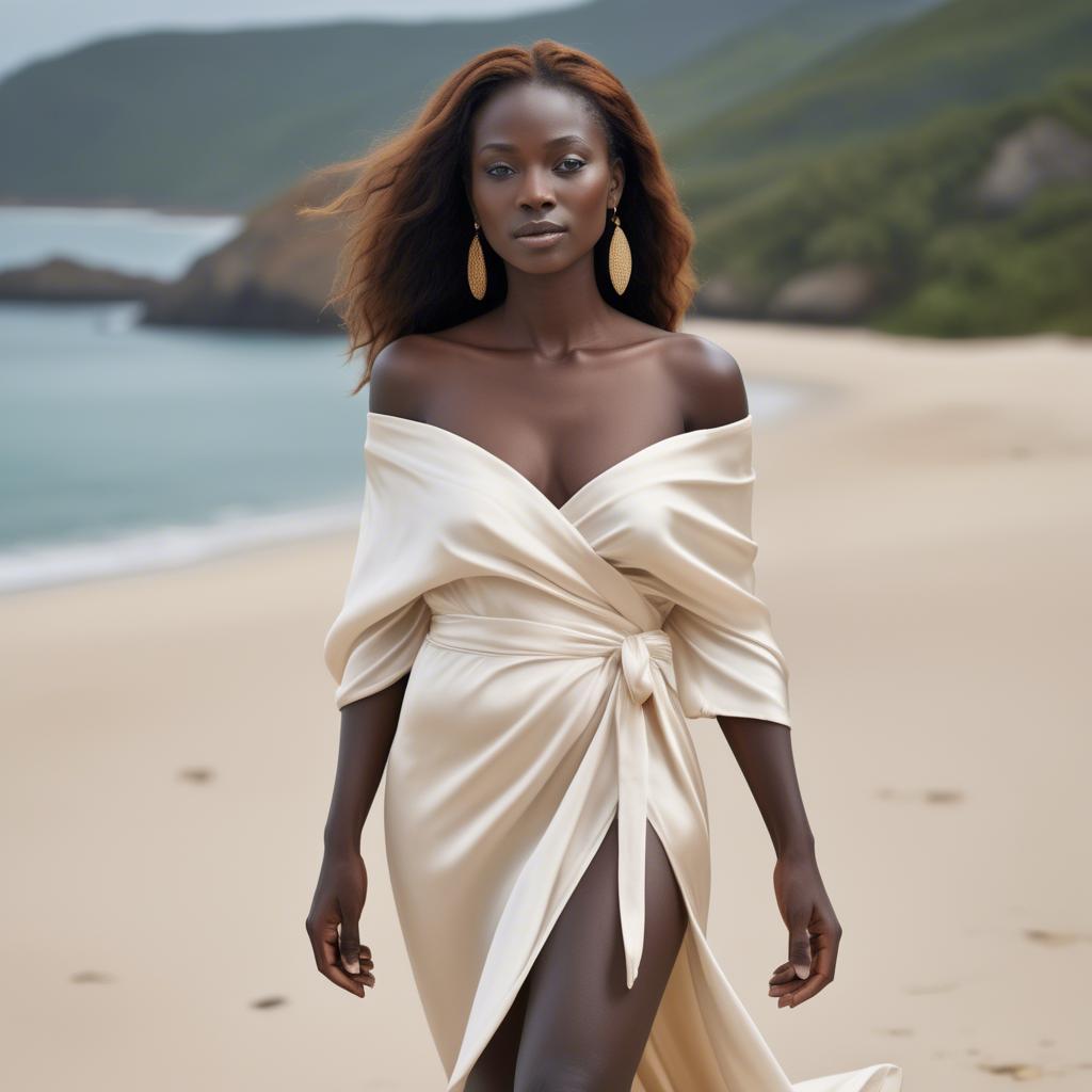 A stunning image of ivory coast muse in a silky off-shoulder wrap exuding gentle coastal romance.