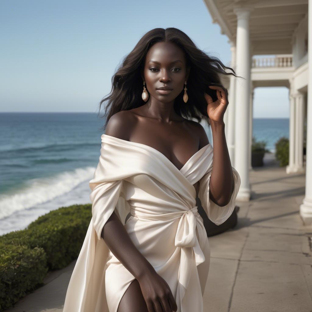 A stunning image of ivory coast muse in a silky off-shoulder wrap exuding gentle coastal romance.