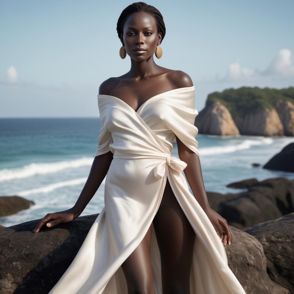 A stunning image of ivory coast muse in a silky off-shoulder wrap exuding gentle coastal romance.