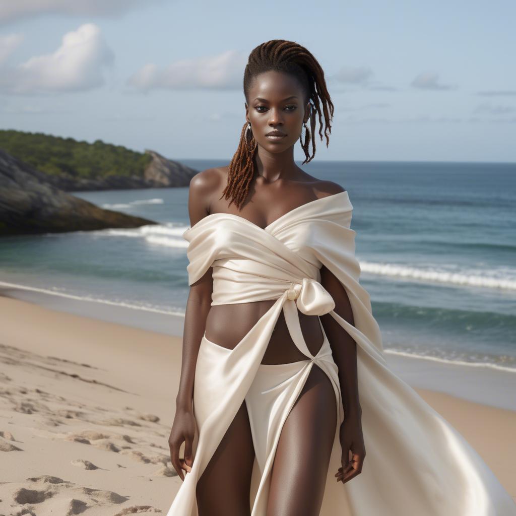 A stunning image of ivory coast muse in a silky off-shoulder wrap exuding gentle coastal romance.