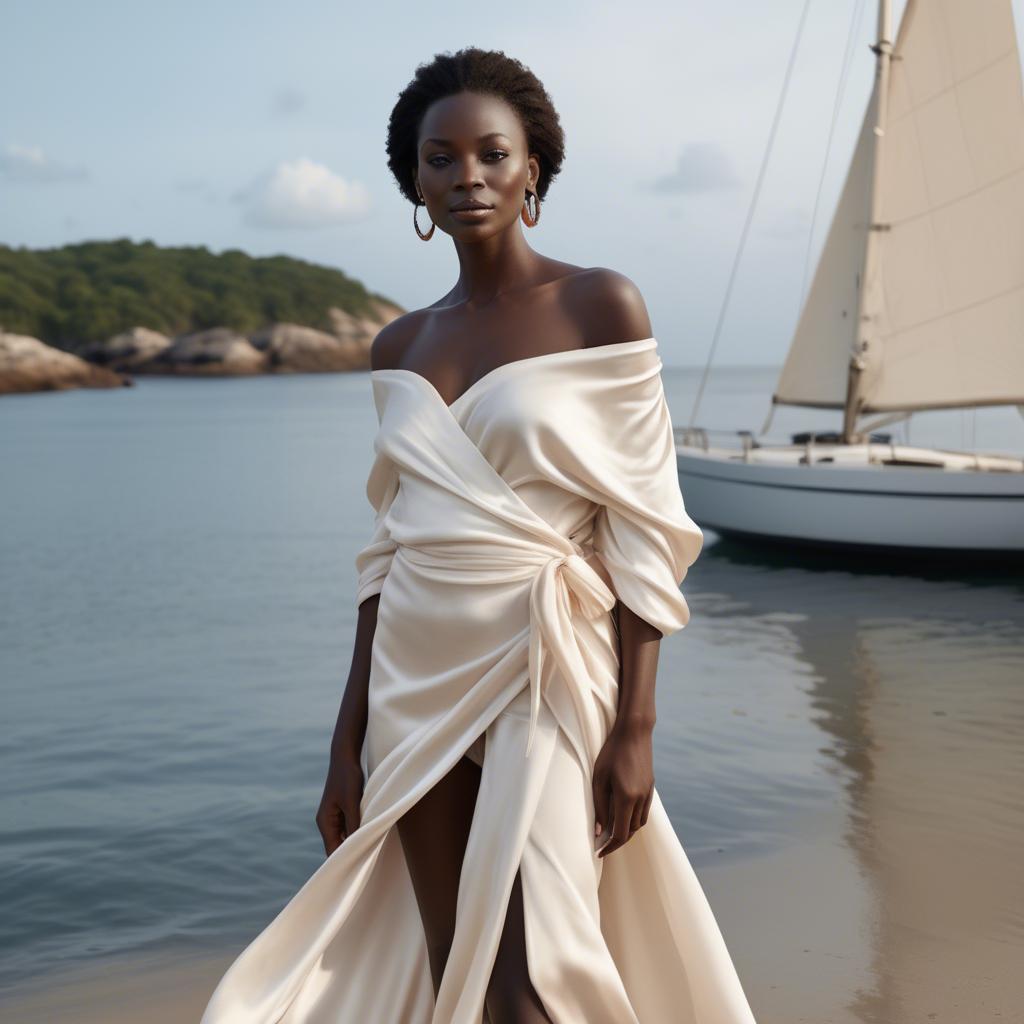 A stunning image of ivory coast muse in a silky off-shoulder wrap exuding gentle coastal romance.