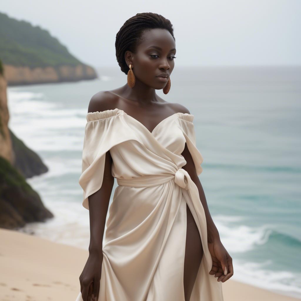 A stunning image of ivory coast muse in a silky off-shoulder wrap exuding gentle coastal romance.