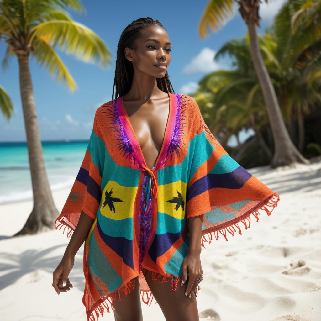 A stunning image of jamaican model rocking a vibrant beach cover-up illuminated by bright caribbean sun.