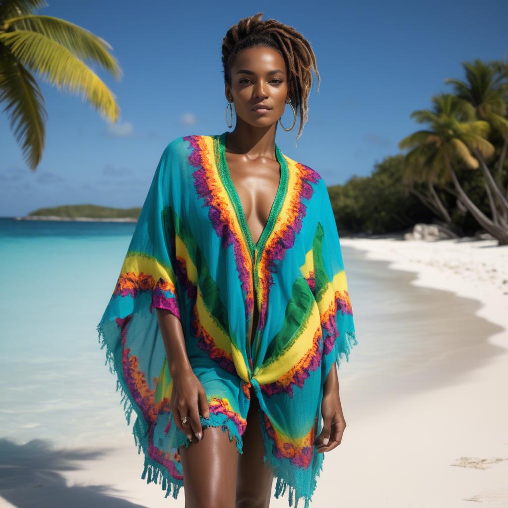 A stunning image of jamaican model rocking a vibrant beach cover-up illuminated by bright caribbean sun.
