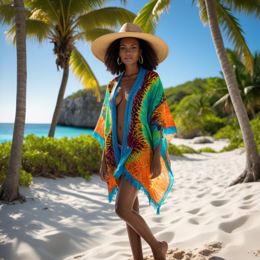 A stunning image of jamaican model rocking a vibrant beach cover-up illuminated by bright caribbean sun.