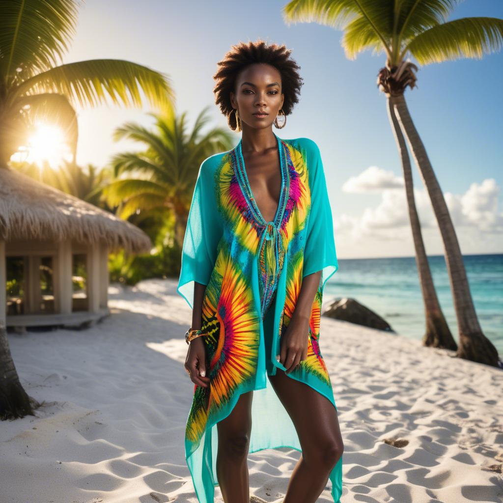 A stunning image of jamaican model rocking a vibrant beach cover-up illuminated by bright caribbean sun.