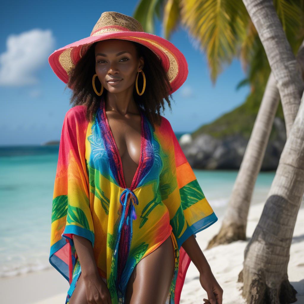 A stunning image of jamaican model rocking a vibrant beach cover-up illuminated by bright caribbean sun.