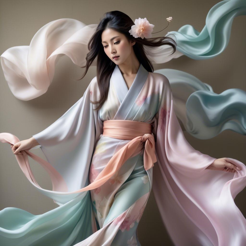 A stunning image of japanese beauty in flowing pastel silk.