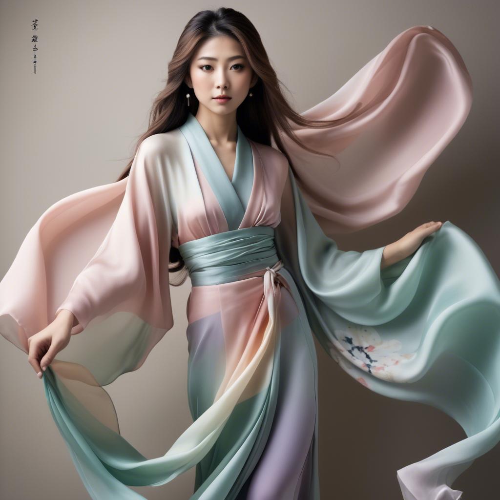 A stunning image of japanese beauty in flowing pastel silk.