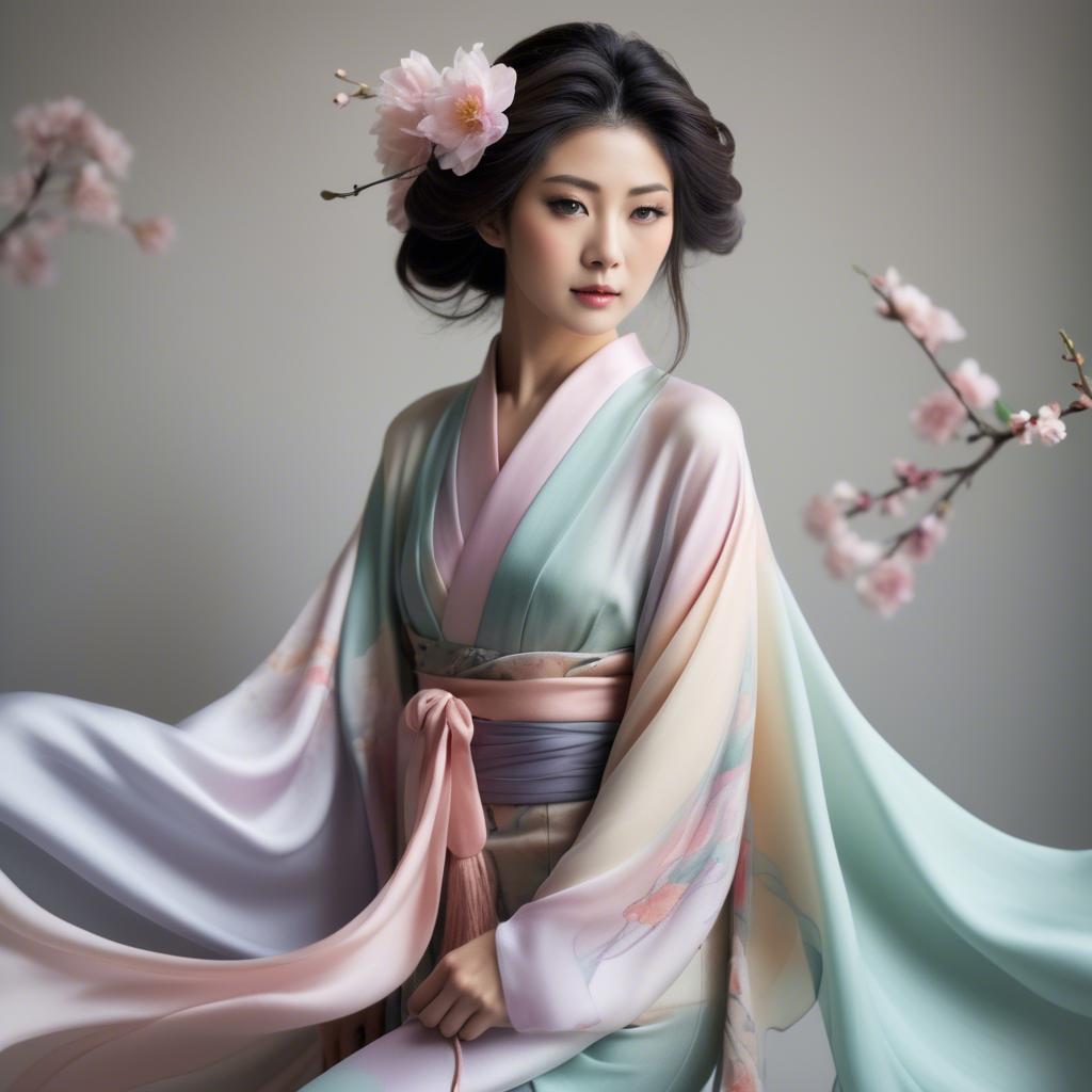 A stunning image of japanese beauty in flowing pastel silk.
