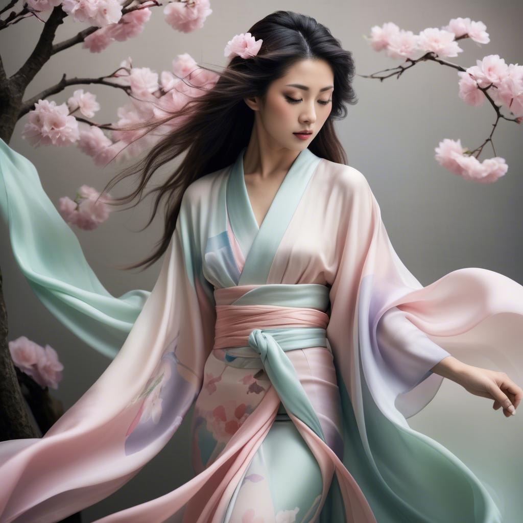 A stunning image of japanese beauty in flowing pastel silk.
