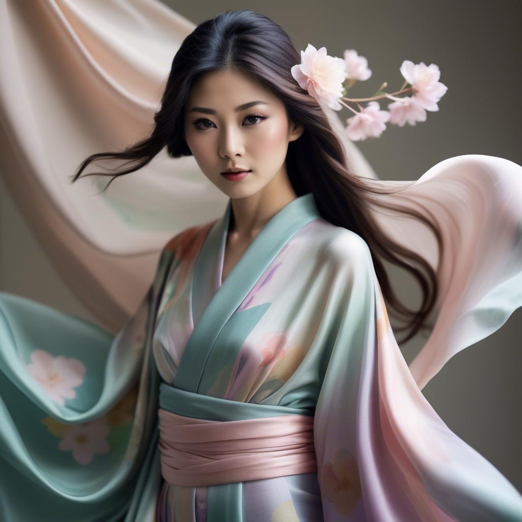 A stunning image of japanese beauty in flowing pastel silk.
