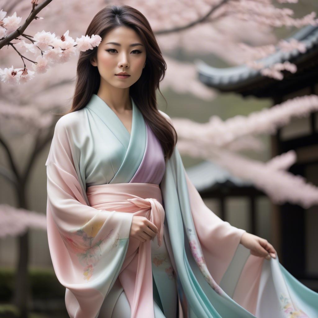 A stunning image of japanese beauty in flowing pastel silk.