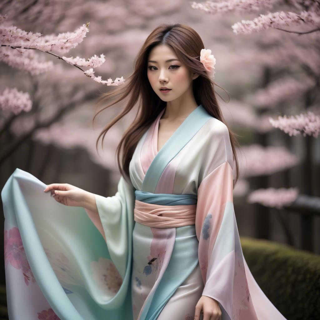 A stunning image of japanese beauty in flowing pastel silk.