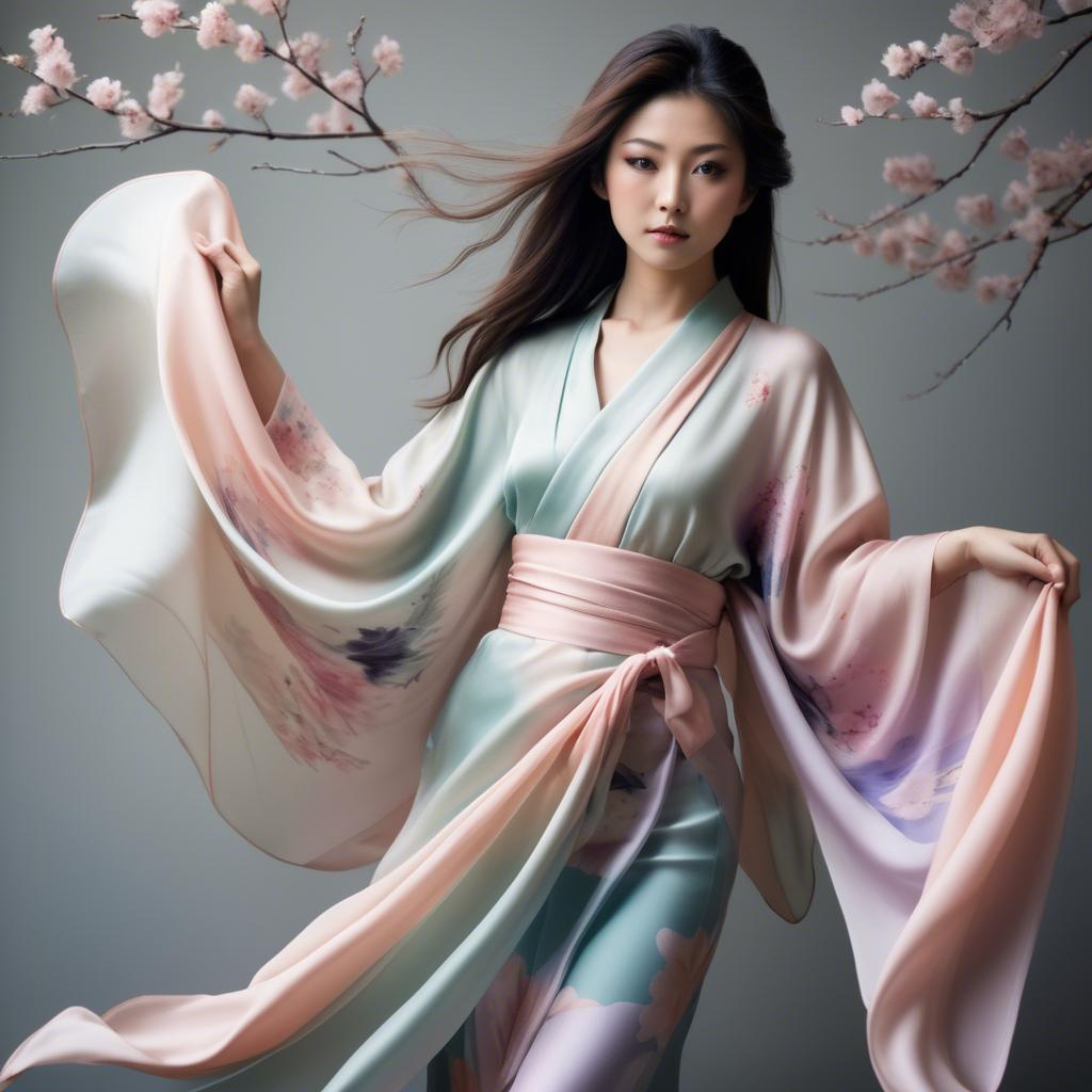 A stunning image of japanese beauty in flowing pastel silk.