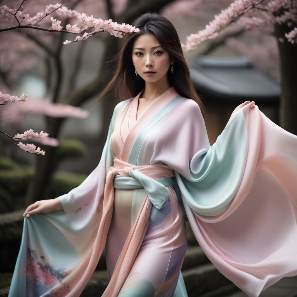 A stunning image of japanese beauty in flowing pastel silk.