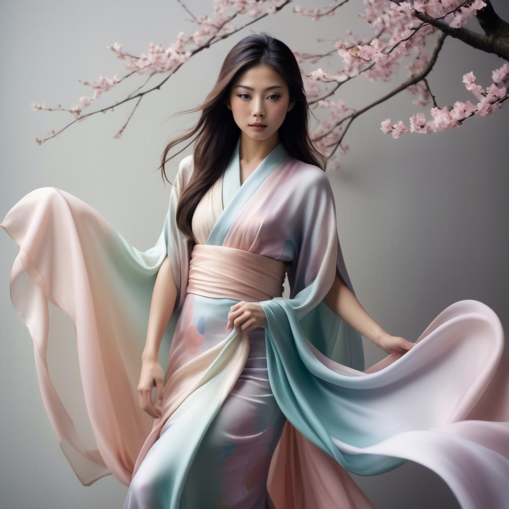 A stunning image of japanese beauty in flowing pastel silk.