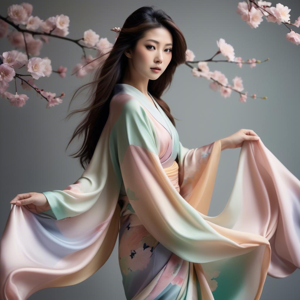 A stunning image of japanese beauty in flowing pastel silk.