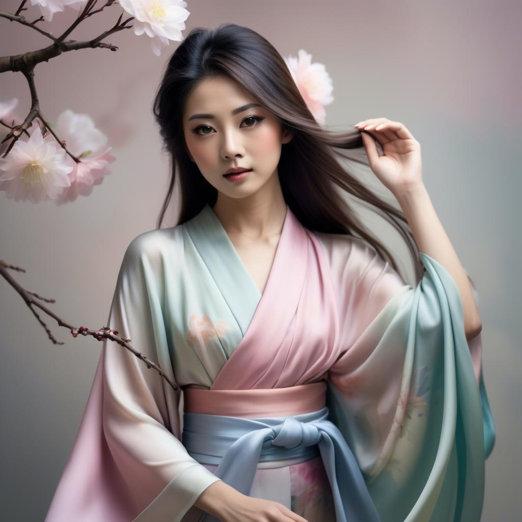 A stunning image of japanese beauty in flowing pastel silk.