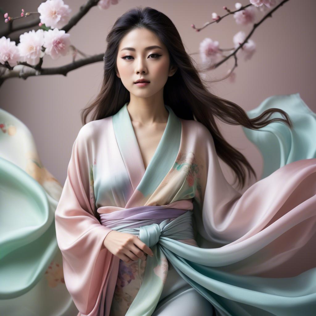 A stunning image of japanese beauty in flowing pastel silk.