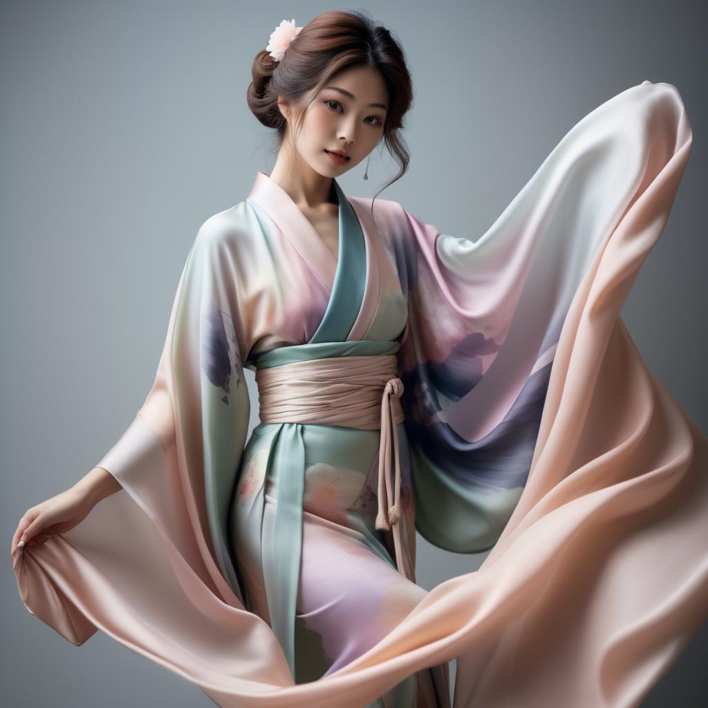 A stunning image of japanese beauty in flowing pastel silk.