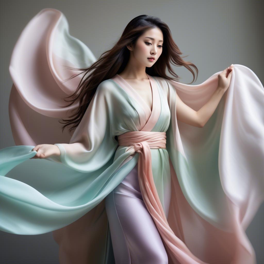 A stunning image of japanese beauty in flowing pastel silk.