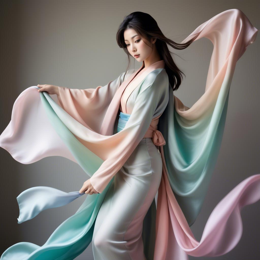 A stunning image of japanese beauty in flowing pastel silk.