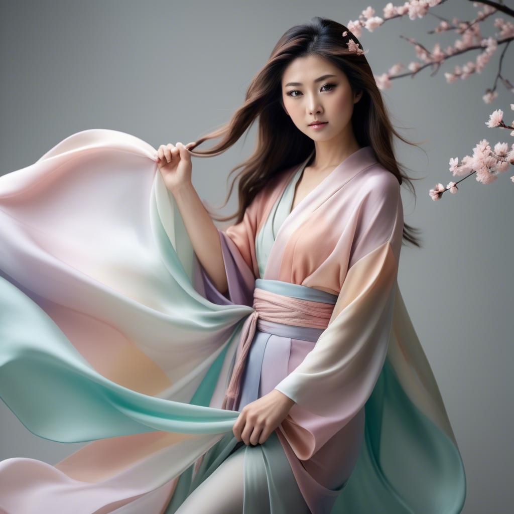 A stunning image of japanese beauty in flowing pastel silk.