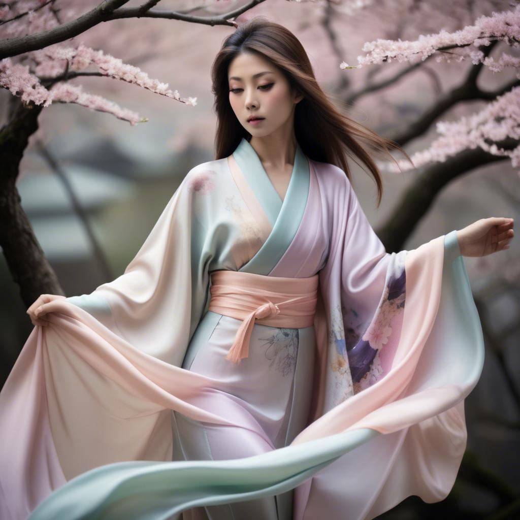 A stunning image of japanese beauty in flowing pastel silk.