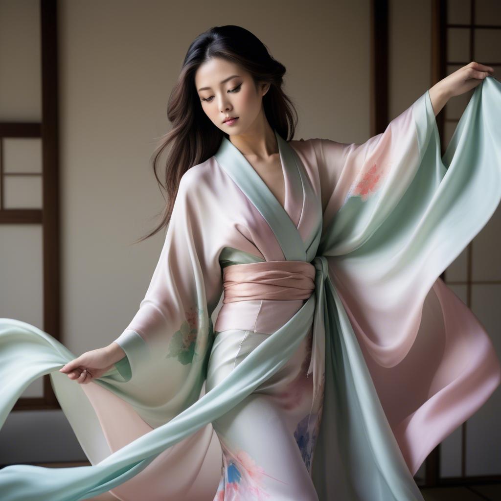 A stunning image of japanese beauty in flowing pastel silk.