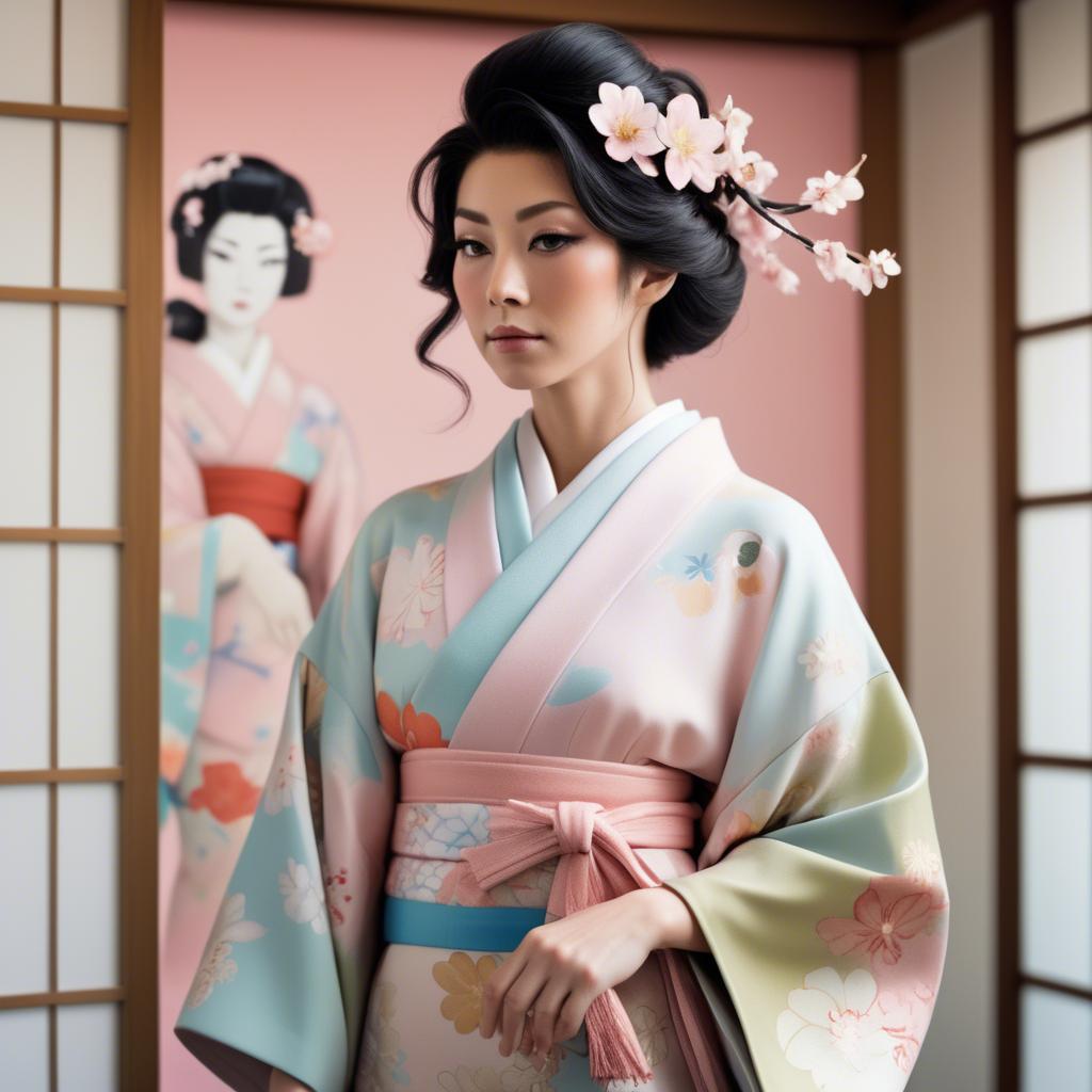 A stunning image of japanese glamour icon in a stylish kimono highlighted by gentle pastel accents.