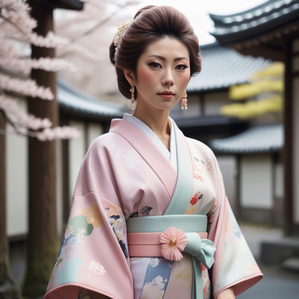 A stunning image of japanese glamour icon in a stylish kimono highlighted by gentle pastel accents.