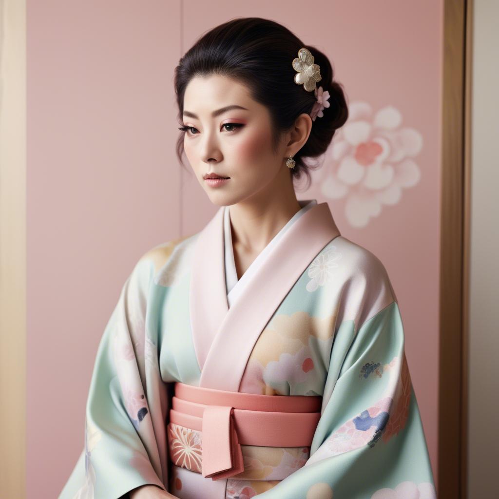A stunning image of japanese glamour icon in a stylish kimono highlighted by gentle pastel accents.
