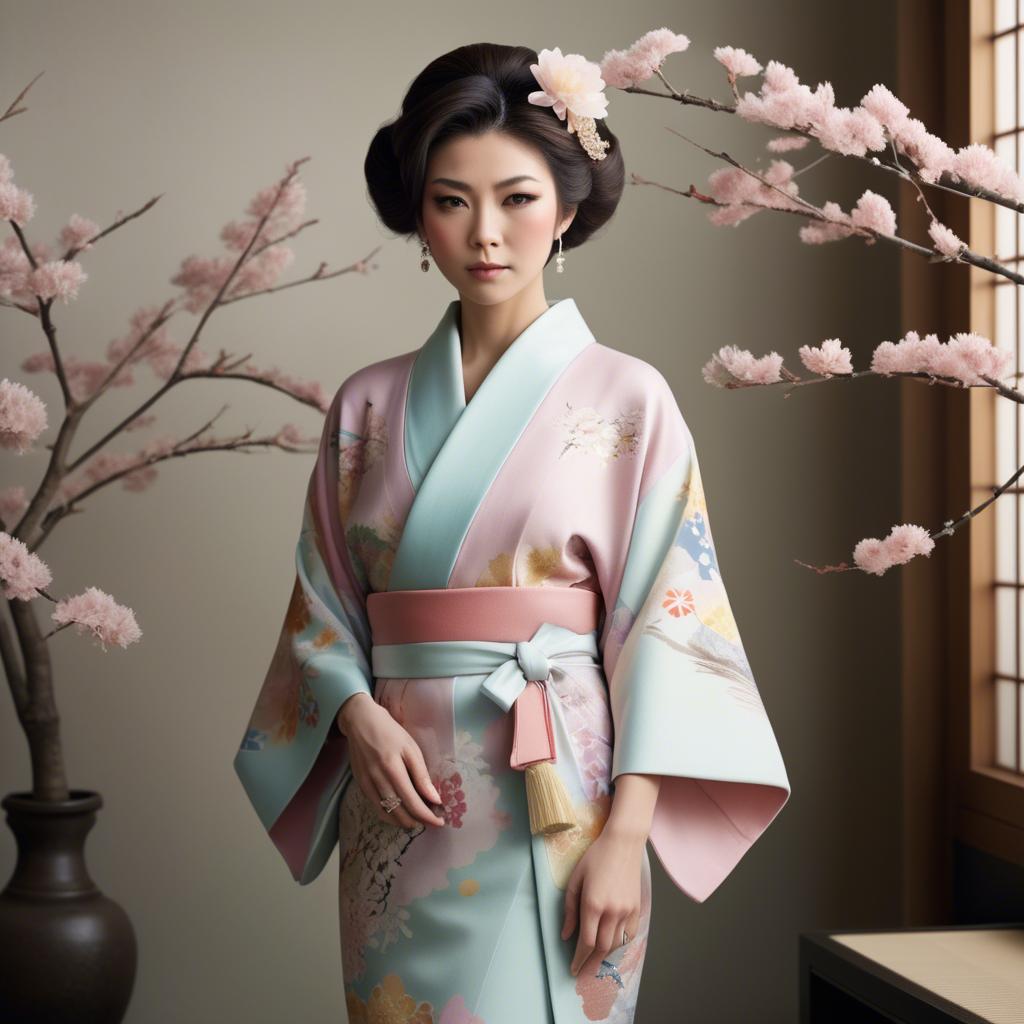 A stunning image of japanese glamour icon in a stylish kimono highlighted by gentle pastel accents.