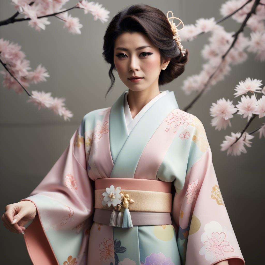 A stunning image of japanese glamour icon in a stylish kimono highlighted by gentle pastel accents.