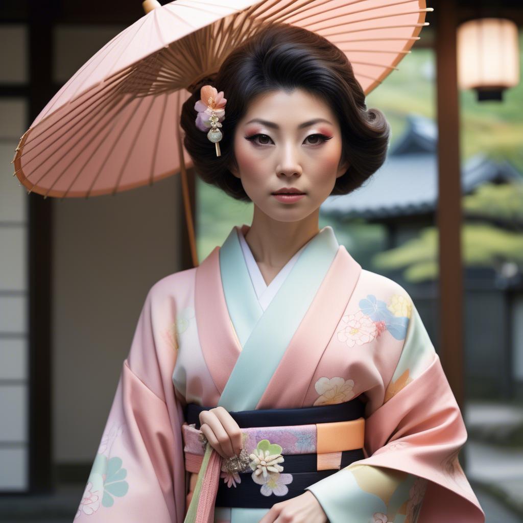 A stunning image of japanese glamour icon in a stylish kimono highlighted by gentle pastel accents.