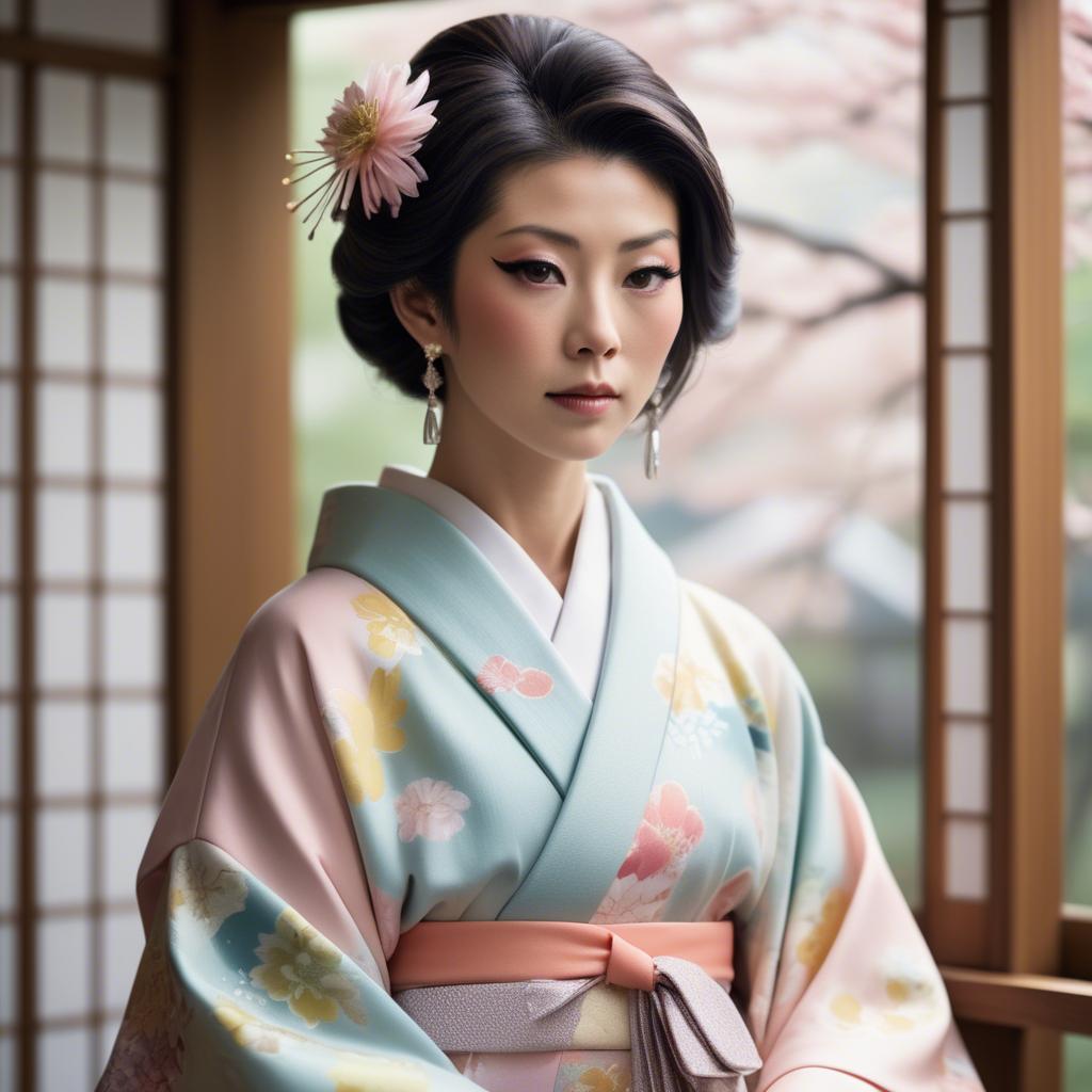 A stunning image of japanese glamour icon in a stylish kimono highlighted by gentle pastel accents.