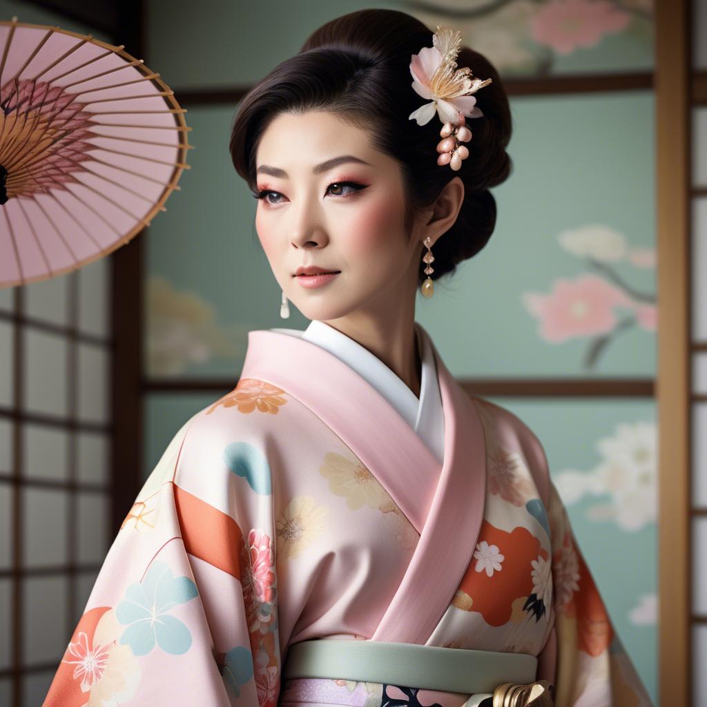 A stunning image of japanese glamour icon in a stylish kimono highlighted by gentle pastel accents.
