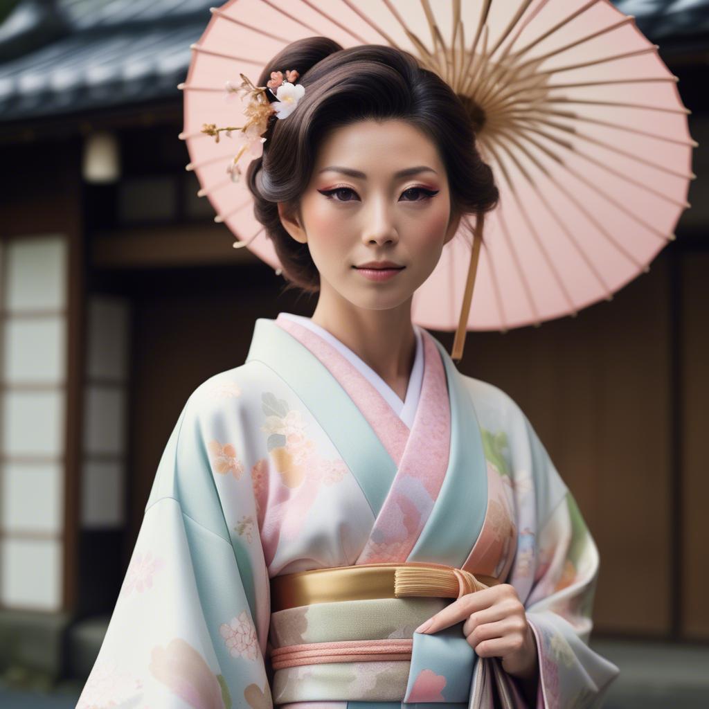 A stunning image of japanese glamour icon in a stylish kimono highlighted by gentle pastel accents.