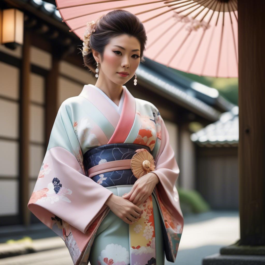 A stunning image of japanese glamour icon in a stylish kimono highlighted by gentle pastel accents.