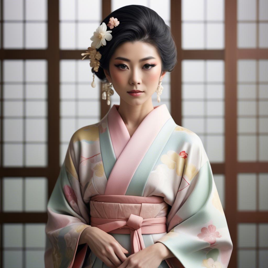 A stunning image of japanese glamour icon in a stylish kimono highlighted by gentle pastel accents.