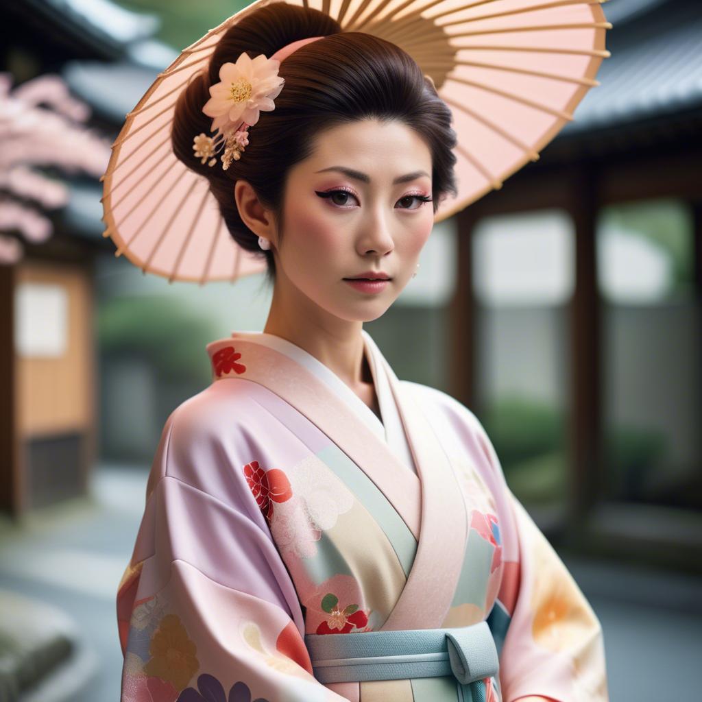 A stunning image of japanese glamour icon in a stylish kimono highlighted by gentle pastel accents.