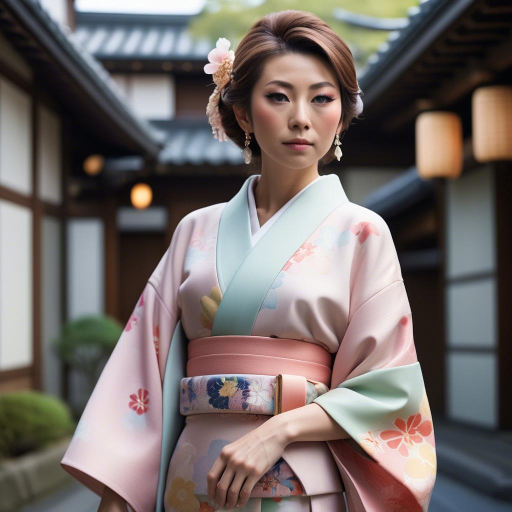 A stunning image of japanese glamour icon in a stylish kimono highlighted by gentle pastel accents.